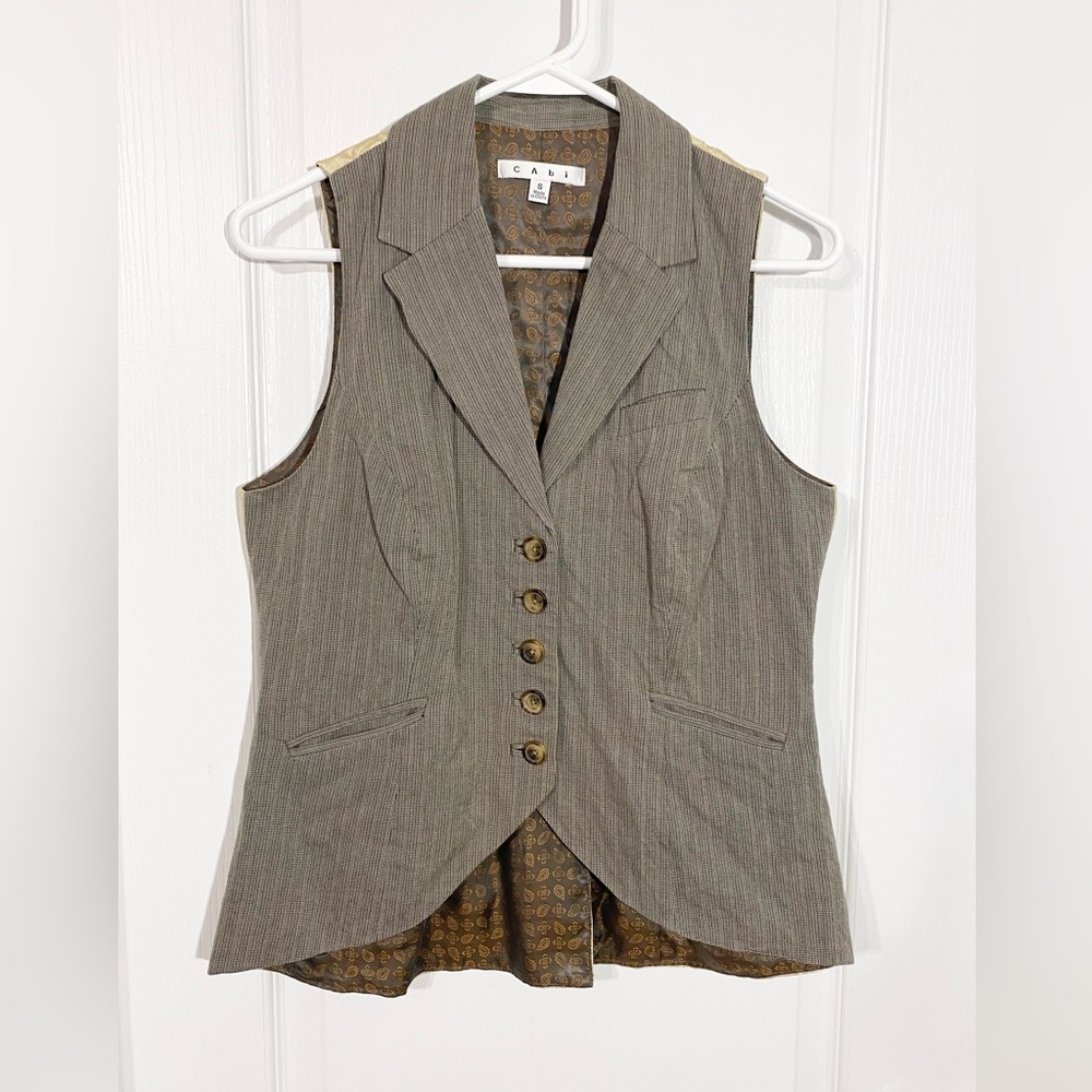 Cabi Metallic Pinstripe Front Champagne Brocade Back Vest Small